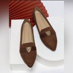 New Arrivals! Brown Suede Pointed Toe Loafers with Gold Animal head Accent.